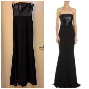 Michelle Mason Black Leather Dress Strapless Fitted Formal Gown Mermaid Maxi 0
